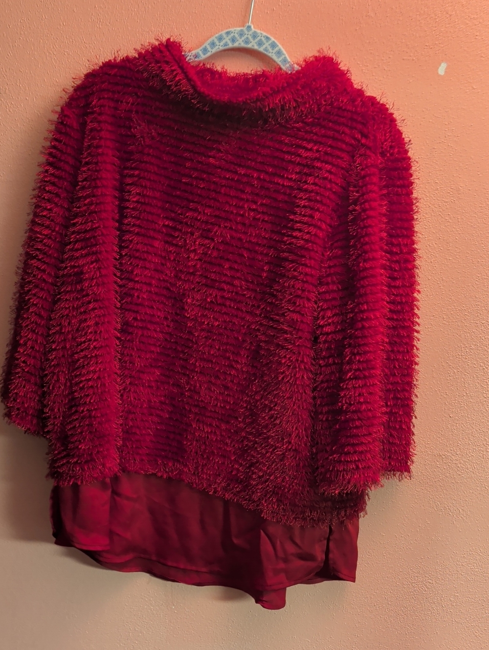 Vince Camuto Ruby Red Textured Crewneck with Chiffon Layer
